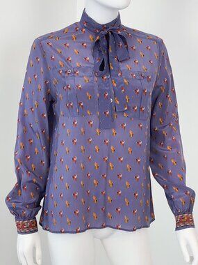 Vintage 1980s Silky Viscose Blouse Top Purple with Print Decor Size 6